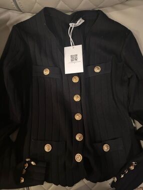 Black Ribbed Knit Blazer with Decorative Gold Buttons